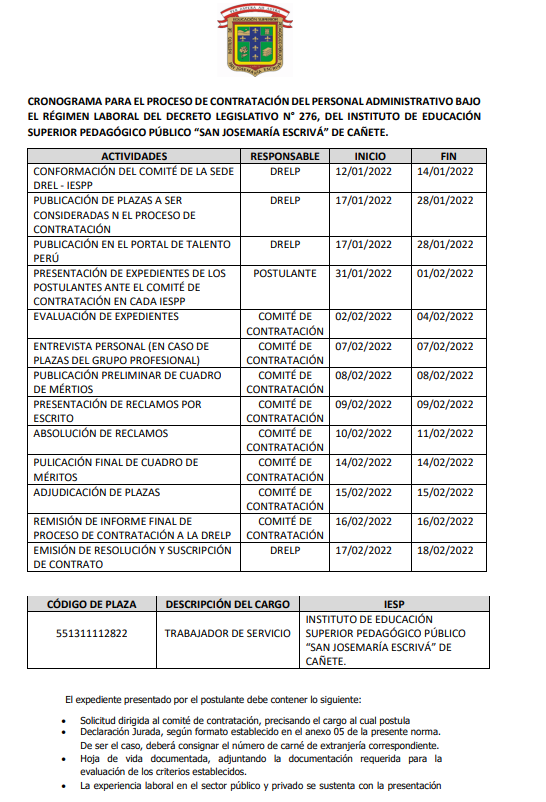 Cronograma Para El Proceso De ContrataciÓn Del Personal Administrativo Bajoel RÉgimen Laboral 9644